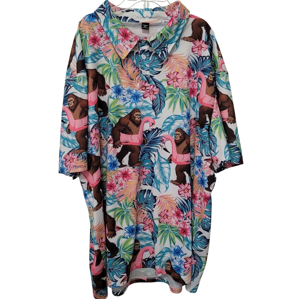 Manfinity Bigfoot Flamingo Tropical Polo Mens 5XL White Multi Novelty Pique